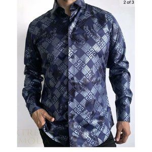 Slim Fit Lamasini Fashion Shirt 4365 Navy Button Down Shirt Size 4XL